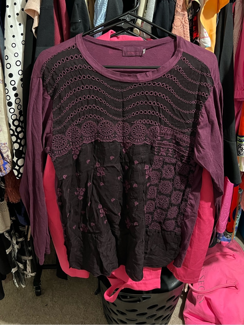 Johnny Was Bohemian-Style Embroidered Plum Black Peasant Top